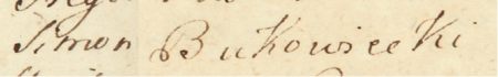 Z księgi radzieckiej Kazimierza zawierającej protokoły z lat 1772–1774: początkowy fragment wpisu posiedzenia zwołanego
dla zawarcia kontraktu, w którym miasto reprezentowali między innymi burmistrz Józef Dunicz (nr 351) i Szymon Tadeusz
Bukowiecki jako wójt – zbliżenie zapisu imienia (Archiwum Narodowe w Krakowie, sygn. K 140, s. 478)