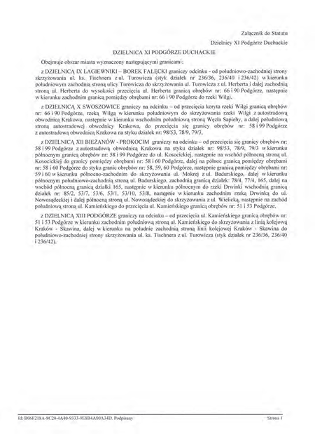 Z oryginału uchwały nr XCIX/1505/14 Rady Miasta Krakowa z dnia 12 marca 2014 r.
w sprawie organizacji i zakresu działania Dzielnicy XI Podgórze Duchackie w Krakowie
(Statut Dzielnicy XI Podgórze Duchackie)