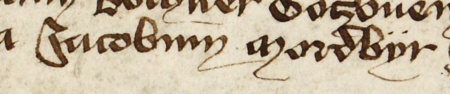 Z księgi miejskiej rachunkowej zawierającej wpisy z lat 1392–1393 strona 111 z wpisem otwierającym rejestr wydatków
i dochodów z 1393 roku, gdzie zostali wymienieni urzędujący ówcześnie rajcy, wśród nich Jakub Mordbir – oraz powiększenie
zapisu imienia (Archiwum Państwowe w Krakowie, sygn. rkps 1588, s. 111)