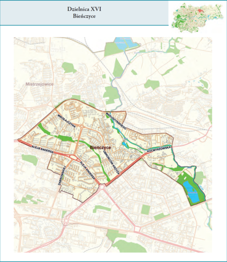 Dzielnica XVI Bieńczyce według stanu z 2017 r. na przywołanym wcześniej planie miasta z tego samego roku – dzielnica samorządowa
o powierzchni 3,7 km² (udział 1,13% w całej powierzchni miasta), położona na terenach historycznych jednostek katastralnych: po części
Bieńczyc, po części Krzesławic, fragmentem Mistrzejowic (vide plan na s. 239).
Opis przebiegu granic tej dzielnicy podano na następnej stronie.
