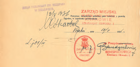 Z akt magistrackich fragment świadectwa ubóstwa z 1936 r. z potwierdzeniem złożonym
przez komisarza Mariana Benedyktowicza
(Archiwum Narodowe w Krakowie, sygn. Kr 5200, s. 863)