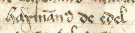 Z Kodeksu Behema kopia aktu z 1323 roku,
gdzie wzmiankowany został Heineman z Edel – oraz powiększenie fragmentu z imieniem
(Biblioteka Jagiellońska, sygn. rkps 16, k. 3v–4)