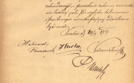 Z magistrackich ksiąg realności sporządzony w 1874 r. końcowy fragment protokołu
komisji sanitarno-budowniczo-policyjnej, w skład której wchodził
komisarz Piotr Umiński, podpisany na końcu tego protokołu
(Archiwum Narodowe w Krakowie, sygn. Kr 7301, nlb)