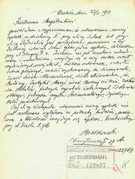 Z akt magistrackich Koncesja aptekarska Korytowski Zygmunt 1912–1916 dokument
pochodzący z roku 1911 – opinia komisarza Mieczysława Białkowskiego popierająca utworzenie
nowej apteki przy ul. Szlak lub ul. Pędzichów
(Archiwum Narodowe w Krakowie, sygn. Kr 7820, nlb)