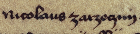 Dokument wydany w 1442 roku w Kleparzu, w którym ławnicy kleparscy, z przyszłym rajcą Mikołajem Zarzecznym
w składzie, stwierdzają, że kleryk Stanisław odstąpił swój dom Pawłowi zwanemu Stawinoga i jego żonie
Agnieszce; przy dokumencie na paskach pergaminowych pieczęć ławnicza kleparska według najstarszego wzoru –
oraz zbliżenie pieczęci i zapisu imienia (Archiwum Uniwersytetu Jagiellońskiego, sygn. dypl. perg. 100)