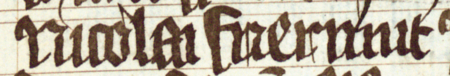 Z księgi radzieckiej Kazimierza obejmującej lata 1416–1433: fragment wpisu dokumentującego wybór rajców na rok 1422,
z Mikołajem Friermutem w składzie – oraz zbliżenie zapisu imienia (Biblioteka Jagiellońska, sygn. rkps 1045/2, k. 97v)