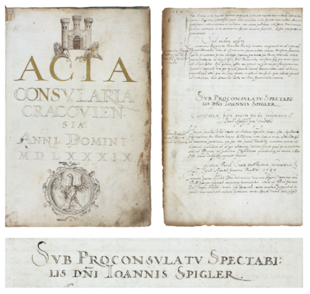 Z księgi radzieckiej obejmującej lata 1589–1590 strony tytułowa i 6 z nagłówkiem otwierającym wpisy spraw
prowadzonych za kadencji burmistrzowskiej Jana Spiglera w 1589 roku – oraz powiększenie zapisu imienia i funkcji burmistrza
(Archiwum Państwowe w Krakowie, sygn. rkps 451, s. 1, 6)