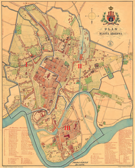 Podział Krakowa na 3 obwody według stanu z roku 1855 – na Planie turystycznym Krakowa w wydaniu z roku 1879
(I wydanie tego planu miało miejsce w 1872 r., bazowało na planie Krakowa Teofila Żebrawskiego z 1866 r.).
Podstawa rysunku granic obwodów: vide s. 137
(Archiwum Narodowe w Krakowie, sygn. Zb. Kart. II 41)