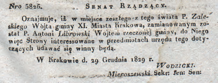 Obwieszczenie Senatu Rządzącego Wolnego Miasta Krakowa z 1829 r. opublikowane w 1830 r.,
dotyczące powołania na urząd wójta Antoniego Librowskiego
(DzRzWMK 1830, nr 4–5, s. 18–19