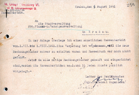 Z akt Starostwa Miejskiego Krakowskiego wewnątrzurzędowe pismo sporządzone w 1941 r.
przez kierownika Eugeniusza Stefańskiego
(Archiwum Narodowe w Krakowie, sygn. SMKr 79, s. 299)
