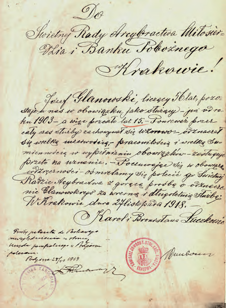 List rekomendujący do Bractwa Miłosierdzia i Banku Pobożnego wystawiony przez dotychczasowych
chlebodawców służącego starającego się o posadę; u dołu widoczna adnotacja popierająca ze strony podgórskiej
parafii oraz uwierzytelniające pieczęć i podpis komisarza Bolesława Dembowskiego
(Archiwum Parafii pw. św. Józefa w Krakowie–Podgórzu, zbiór Dokumenta 1850–1920, nlb)