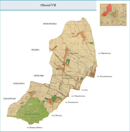 Obwód VII według stanu z roku 1941 na przywołanym wcześniej planie miasta z 1943 r. – całkowicie nowo powstała po
poszerzeniu granic miasta w 1941 r. dzielnica administracyjna obejmująca nowe tereny miejskie, tj. dzielnice katastralne
XXXIII–Wola Justowska, XXXIV–Chełm, XXXV–Bronowice Małe, XXXVI–Bronowice Wielkie i XXXVII–Tonie.
Obwód ten zajmował zatem powierzchnie, o które poszerzono miasto od stron północno-zachodniej i zachodniej. Użyte przy
powyższym planie dzielnicy nazwy terenowe podano według nazewnictwa obowiązującego aktualnie.