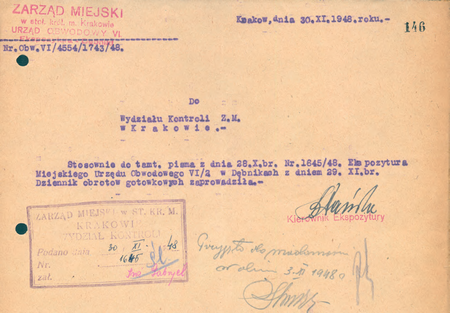 Z magistrackich Akt kontroli miejskich urzędów obwodowych w Krakowie 1946–1950
kopia sporządzonej w 1948 r. przez kierownika Karola Dańdę informacji
o wykonaniu polecenia służbowego
(Archiwum Narodowe w Krakowie, sygn. 29-699-683, nlb)