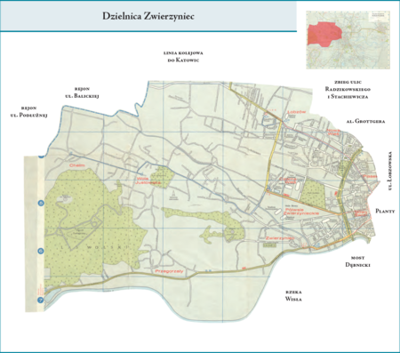 Dzielnica Zwierzyniec według stanu z roku 1958 na przywołanym wcześniej planie miasta z 1964 r. – dzielnica
obejmująca dawne jednostki (dzielnice) katastralne, w całości lub w ich przeważającej części: Piasek, Nowy Świat, Półwsie
Zwierzynieckie, Zwierzyniec, Przegorzały, Bielany, Wola Justowska, Chełm, Łobzów, Nowa Wieś i Czarna Wieś. Zwraca
uwagę, że w latach 1954–1957 granica między tą dzielnicą a dzielnicą Kleparz biegła osią ul. Krowoderskiej, natomiast
od roku 1958 osią ul. Łobzowskiej. Opis przebiegu granic tej dzielnicy podano na s. 696.