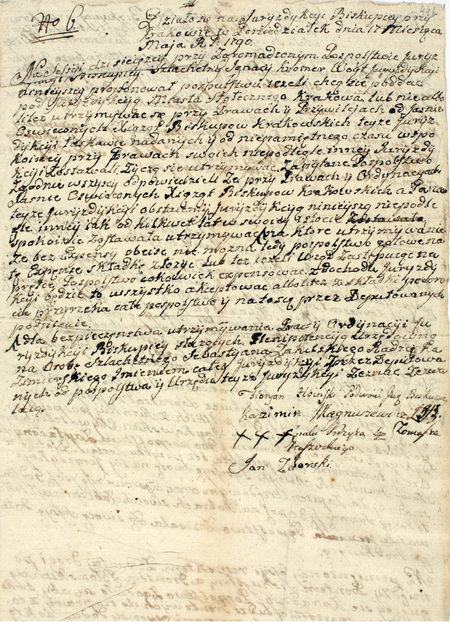 Z protokołów zeznań, relacji i pozwów jurydyki Biskupie z lat 1777–1791: dokument z 1790 roku, w którym mieszkańcy na zgromadzeniu pospólstwa
zajęli negatywne stanowisko w kwestii planów likwidacji jurydyki i przyłączenia gruntu do miasta Krakowa oraz wyrazili wolę pozostania
przy biskupach krakowskich (Archiwum Narodowe w Krakowie, sygn. Jur. I-45, s. 44b)