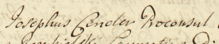 Z księgi radzieckiej Kleparza obejmującej lata 1695–1734: fragment wpisu z 1721 roku otwierającego kolejną sprawę rozpatrywaną
przez urzędujących rajców kleparskich, pod przewodnictwem Józefa Cenclera, ówczesnego burmistrza –
oraz zbliżenie zapisu imienia i funkcji (Archiwum Narodowe w Krakowie, sygn. KL 33, s. 312)