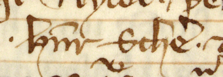 Z „Najstarszej księgi” strona 146 z wpisem z roku 1341 roku z wykazem rajców, wśród których wymieniony został Henryk
Schere kramarz, obecnych podczas dokonania przez Sydlina z Głogowa podziału majątku między członków rodziny –
oraz powiększenie zapisu imienia (Archiwum Państwowe w Krakowie, sygn. rkps 1, s. 146)