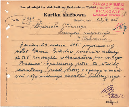 Z akt Zarządu Miejskiego m. Krakowa kartka służbowa z 1935 r.
zawierająca notatkę sporządzoną przez komisarza Mariana Parę
(z zasobów Urzędu Miasta Krakowa)