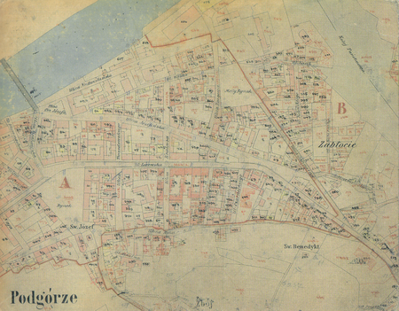Fragment planu – szkicu indykacyjnego Podgórza, sporządzonego w ramach katastru galicyjskiego w 1904 roku; widoczny most Franciszka
Józefa
I, zwany też I Mostem lub Podgórskim. Mały Rynek to obecnie pl. Bohaterów Getta – w jego rejonie w 1913 roku powstanie III Most, później
nazwany mostem Krakusa (na jego miejscu dziś znajduje się most Powstańców Śląskich). W 1915 roku na tym moście symbolicznie spotkały się
władze połączonych właśnie miast Krakowa i Podgórza (Archiwum Narodowe w Krakowie, sygn. KPK 95)