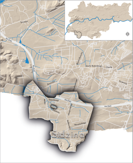 Orientacyjna lokalizacja dawnej wsi Sidzina w obecnych granicach Krakowa – na planie miasta oznaczono jej położenie
w kształcie wyznaczonym granicami jednostki katastralnej, jaką stanowiła, ze wskazaniem najstarszego, historycznego
centrum Sidziny w rejonie dzisiejszej ulicy Wrony