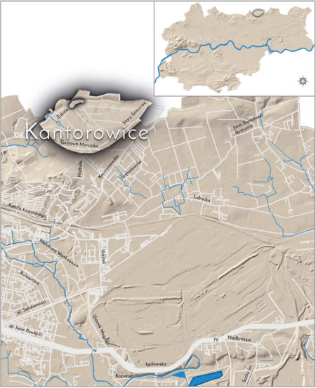 Orientacyjna lokalizacja dawnej wsi Kantorowice w obecnych granicach Krakowa – na planie miasta
oznaczono jej położenie w kształcie wyznaczonym granicami jednostki katastralnej, jaką stanowiła,
ze wskazaniem najstarszego, historycznego centrum Kantorowic w rejonie dzisiejszej ulicy Zakole