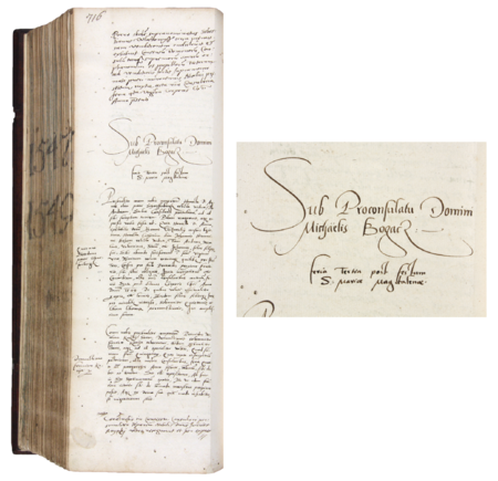 Z księgi radzieckiej obejmującej lata 1547–1549 strona 716 z początkiem wpisów spraw
za kadencji burmistrzowskiej Michała Bogacza w 1549 roku – oraz powiększenie zapisu imienia i funkcji burmistrza
(Archiwum Państwowe w Krakowie, sygn. rkps 441, s. 716)