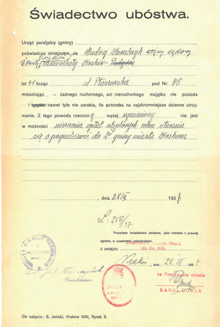 Z akt magistrackich świadectwo ubóstwa wystawione w 1937 r.
i potwierdzone przez komisarza Karola Górkę
(Archiwum Narodowe w Krakowie, sygn. Kr 5212, s. 1013)