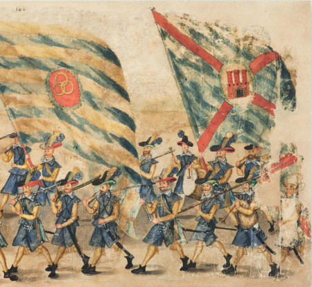 (144) Fragment Rolki sztokholmskiej (po roku 1605) – gwaszu obrazującego uroczysty wjazd do Krakowa w 1605 r. Zygmunta III Wazy i Konstancji
Habsburżanki w związku z ich zaślubinami. Widoczna jest na nim milicja krakowska w niebiesko-żółtych barwach, dzierżąca niebiesko-czerwoną
chorągiew miasta z motywem krzyża św. Andrzeja i herbem Krakowa. Wiarygodny wizerunek chorągwi Krakowa z przełomu
wieków XVI i XVII (ZKW, nr inw. 1528)