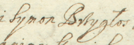Z akt sądowych wielkorządcy krakowskiego obejmujących lata 1617–1652: fragment wpisu z 1630 roku
dotyczącego sprawy fałszerza i bigamisty Bartosza Koloniego, wniesionej między innymi
przez Szymona Brzygłosa, wówczas ławnika i starszego cechu siodlarzy, późniejszego rajcę kleparskiego –
oraz zbliżenie zapisu imienia (Archiwum Narodowe w Krakowie, sygn. Teut. 71, s. 223)