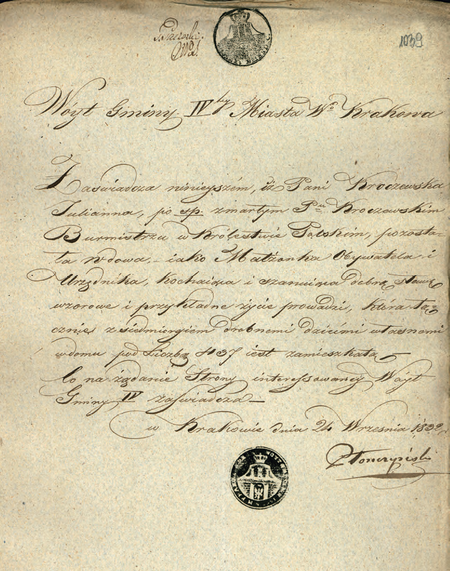 Ze zbioru zaświadczeń szkolnych i metryk uczniów dokument wystawiony w 1832 r.
przez wójta Jana Płonczyńskiego
(Archiwum Narodowe w Krakowie, sygn. 29-482-206, s. 1039)