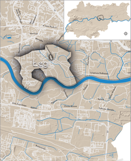 Orientacyjna lokalizacja dawnej wsi Łęg w obecnych granicach Krakowa – na planie miasta oznaczono
jej położenie w kształcie wyznaczonym granicami jednostki katastralnej, jaką stanowiła, ze wskazaniem
najstarszego, historycznego centrum Łęgu w rejonie dzisiejszej ulicy Sołtysowskiej