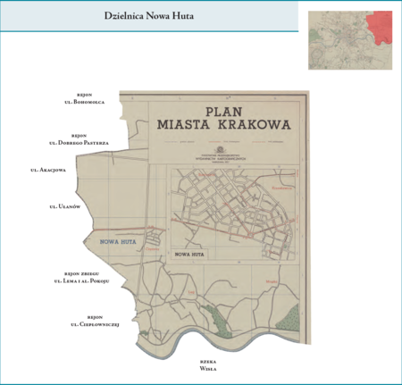 Dzielnica Nowa Huta według stanu z roku 1951 na przywołanym wcześniej planie miasta z 1957 r. – nowo utworzona dzielnica
administracyjna, dodana do dotychczasowych 10 obwodów. Na jej powierzchnię złożyły się: dzielnice katastralne XLIV–Czyżyny
i XLV–Łęg (do tej pory wchodzące w granice Obwodu V), fragmenty dzielnic katastralnych XLI–Prądnik Czerwony i XLIII–Rakowice
(do tej pory wchodzące w granice Obwodu VIII) oraz fragmenty dzielnicy katastralnej XXI–Płaszów (do tej pory wchodzące w granice Obwodu
VI), jak też tereny nowo przyłączone do Krakowa, dla których utworzono dzielnice katastralne LIII–Mogiła z Kopańcem i Kępą Przewozu,
LIV–Bieńczyce, LV–Mistrzejowice, LVI–Zesławice z Dłubnią, LVII–Kantorowice, LVIII–Krzesławice, LIX–Grębałów, LX–Lubocza,
LXI–Wadów, LXII–Pleszów z Kujawami, LXIII–Ruszcza, LXIV–Branice z Chałupkami, Holendrami i Wolą Rusiecką. Warto zwrócić
uwagę, że od chwili powstania Nowej Huty aż do przełomu ustrojowego lat 1989 i 1990 na powszechnie dostępnych planach miasta Krakowa
ze względów „bezpieczeństwa militarnego” obszar Dzielnicy Nowa Huta prezentowany był w sposób ograniczony,
w szczególności bez terenów wschodnich, gdzie znajdował się kombinat hutniczy – jest to widoczne na prezentowanym tutaj planie dzielnicy,
jak i na następnych dwóch planach. Użyte przy powyższym planie dzielnicy nazwy terenowe podano według nazewnictwa obowiązującego aktualnie.