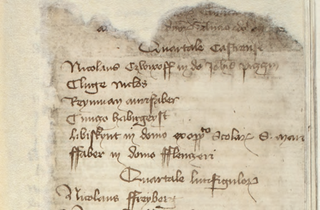 Z najstarszej księgi przyjęć do prawa miejskiego w Krakowie z lat 1392–1422
wpis z 1404 r. z powołanymi na starszych Kwartału Grodzkiego
(Archiwum Narodowe w Krakowie, sygn. rkps 1420, s. 43)