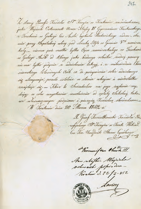 Ze zbioru zaświadczeń szkolnych i metryk uczniów dokument wystawiony w 1852 r.,
poświadczony przez komisarza Teofila Zawiszę
(Archiwum Narodowe w Krakowie, sygn. 29-482-208, s. 247)