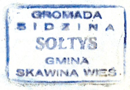 (1947)
Odciski pieczęci urzędowych Sidziny z lat
1845, 1926 i 1947 1947 oraz odcisk pieczęci
uniwersyteckiej z 1799 roku
(Archiwum Narodowe w Krakowie,
sygn. K. Krak. op. 102, s. 21;
sygn. PUZKr 58, nlb.; sygn. Gm. Skw. 23,
s. 471; Archiwum Uniwersytetu Jagiellońskiego,
sygn. perg. 1113)