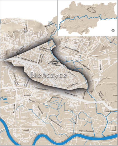 Orientacyjna lokalizacja dawnej wsi Bieńczyce w obecnych granicach Krakowa – na planie miasta oznaczono jej położenie
w kształcie wyznaczonym granicami jednostki katastralnej, jaką stanowiła, ze wskazaniem najstarszego, historycznego centrum
Bieńczyc w rejonie dzisiejszych ulic Cienistej i Kaczeńcowej