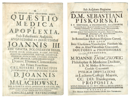 Strona tytułowa rozprawy medycznej Jana Zajączkowica na temat apopleksji, dedykowanej Janowi III Sobieskiemu
i dostojnikom kościelnym, wydanej drukiem w Krakowie po jej publicznym wygłoszeniu w 1695 roku
(BJ, sygn. 221270 III Mag. St. Dr.)