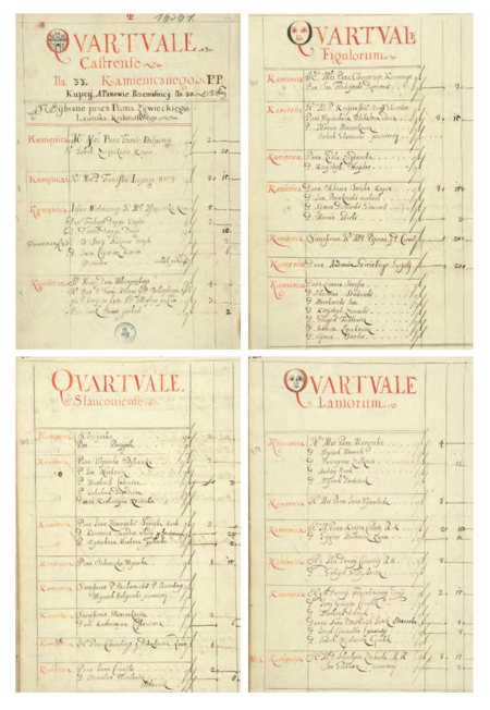 Z rejestru poboru podatku szosowego (podymnego) zestawionego w roku 1656 według 4 kwartałów Krakowa
strony otwierające wykazy domów z kwotami podatku dla poszczególnych części miasta
(Archiwum Narodowe w Krakowie, sygn. rkps 2628, s. 3, 62, 90, 132)