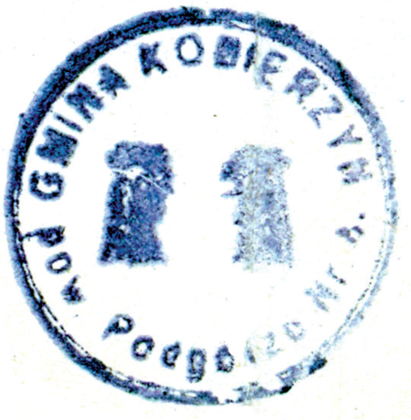 (1924)
Odciski pieczęci urzędowych Kobierzyna
pochodzące z lat 1854, 1901 i 1924 oraz
pieczęci dominialnej („państwa kobierzyńskiego”)
z 1854 roku
(Archiwum Narodowe w Krakowie,
sygn. 29/279/1996, s. 162;
sygn. Kr 7950, nlb.; sygn. PUZKr 44,
s. 24; sygn. 29/279/1996, s. 162)