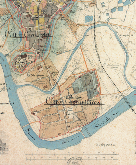 Lokalizacja miasta żydowskiego zaznaczona w północno-wschodniej części Kazimierza według stanu na rok 1690
na podkładzie planu Krakowa z roku 1883 (Noga 2007-III, 3.3)