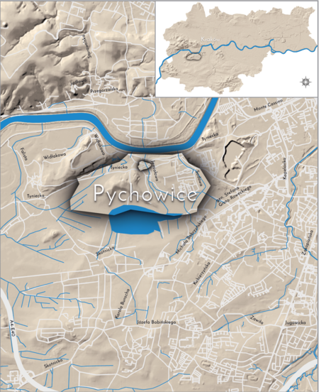 Orientacyjna lokalizacja dawnej wsi Pychowice w obecnych granicach Krakowa – na planie miasta oznaczono
jej położenie w kształcie wyznaczonym granicami jednostki katastralnej, jaką stanowiła, ze wskazaniem najstarszego,
historycznego centrum Pychowic w rejonie dzisiejszej ulicy Jemiołowej