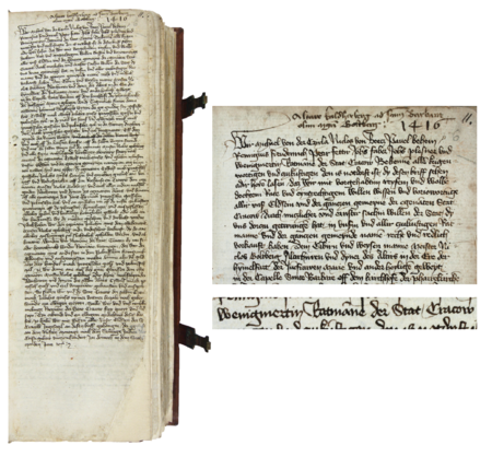 Z kopiarza dokumentów miejskich zawierającego wpisy z lat 1412–1548 strona 11 z wpisem z 1416 roku, zawierającym
wykaz aktualnie urzędujących rajców z Marcinem Wenigiem w składzie – oraz powiększenie zapisu imienia i urzędu rajcy
(Archiwum Państwowe w Krakowie, sygn. rkps 1358, s. 11)