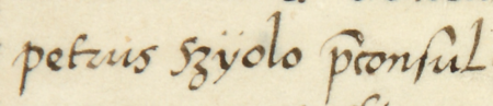 Dokument wydany w 1533 roku w Kazimierzu, w którym burmistrz i rajcy kazimierscy potwierdzili statut cechu kazimierskich
tkaczy i barchanników, wydany w roku 1457 przez burmistrza, którym był wówczas Piotr Szyolo, oraz rajców miasta
Kazimierza – oraz zbliżenie zapisu imienia i funkcji (Archiwum Narodowe w Krakowie, sygn. perg. 513)