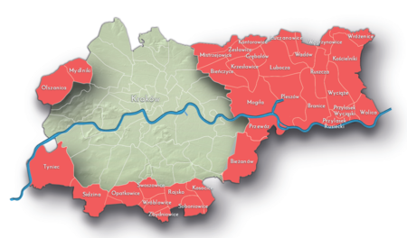 Na planie obrazującym dzisiejsze granice Krakowa miejscowości przyłączone do Krakowa po 1915 roku, oznaczone kolorem
czerwonym określającym ich przynależność w latach 1945–1985 do województwa krakowskiego, w latach 1975–1984
województwa miejskiego krakowskiego – w Rzeczypospolitej Polskiej