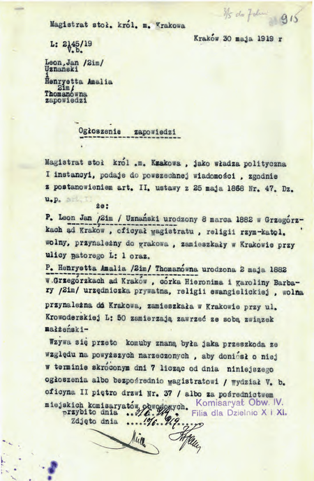 Z Akt zapowiedzi ślubów cywilnych 1914–1925 ogłoszenie zapowiedzi z 1919 r., na którym zastępca
komisarza Jerzy Stefański sygnował poświadczenie, że ogłoszenie wywieszono na tablicy urzędowej
(Archiwum Narodowe w Krakowie, sygn. Kr 2468, s. 915)