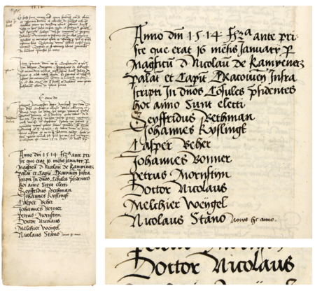 Z księgi radzieckiej obejmującej lata 1512–1526 strona 98 z wpisem dotyczącym wyboru rady urzędującej na 1514 rok,
z Mikołajem z Koprzywnicy (doctor) w składzie – oraz powiększenie zapisu imienia (Archiwum Państwowe w Krakowie,
sygn. rkps 432, s. 98)