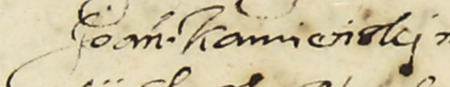 Z księgi miejskiej Kazimierza zawierającej indeks rzeczowy wpisów do kazimierskich ksiąg radzieckich z lat 1530–1603:
fragment kopii wpisu elekcji rady urzędującej na rok 1586; wśród powołanych Jan Kamieński – zbliżenie zapisu imienia
(Archiwum Narodowe w Krakowie, sygn. K 176, s. 208)