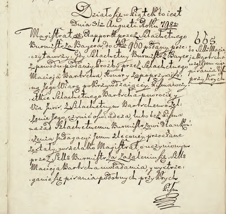 Z protokołów rezolucji Magistratu miasta Krakowa do burmistrzów wydziałowych wpis z 1798 r.
dotyczący stanowiska wobec raportu przedstawionego przez burmistrza Wojciecha Baÿera
(Archiwum Narodowe w Krakowie, sygn. 1299, s. 203)