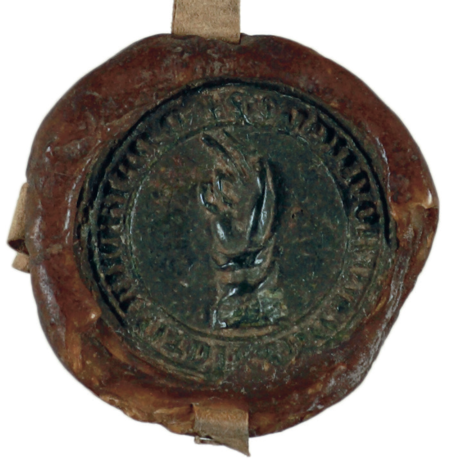 Odcisk najstarszej ze znanych pieczęci miasta Kazimierza –
pieczęci ławniczej z dokumentu wystawionego w 1442 roku; w polu
pieczętnym część ręki z dłonią uniesioną ku górze, z trzema placami
wyprostowanymi, co interpretowano jako nawiązanie do relikwii
św. Floriana, jako symbol błogosławieństwa albo jako gest podczas składania
przysięgi przed ławą miejską. W otoku napis: S[IGILLVM]
SCABINORVM DE SANCTO FLORIANO – PIECZĘĆ
ŁAWNIKÓW ŚWIĘTEGO FLORIANA, zatem użyto tu nazwy
miasta stosowanej ówcześnie równolegle z nazwą „Florencja”
(Archiwum Uniwersytetu Jagiellońskiego, dok. perg. 100)