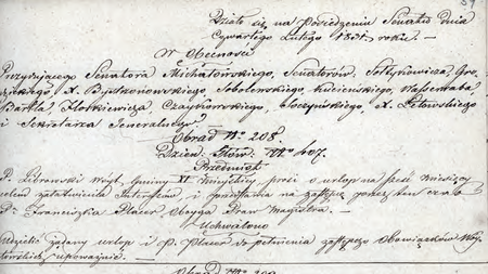 Z sentencjonarza obrad Senatu Rządzącego Wolnego Miasta Krakowa wpis z 1831 r.
dotyczący p.o. wójta Franciszka Placera
(Archiwum Narodowe w Krakowie, sygn. WMK IV-18, s. 59)